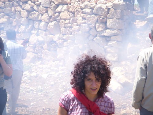 Israeli activist in front of smoke from a stun grenade